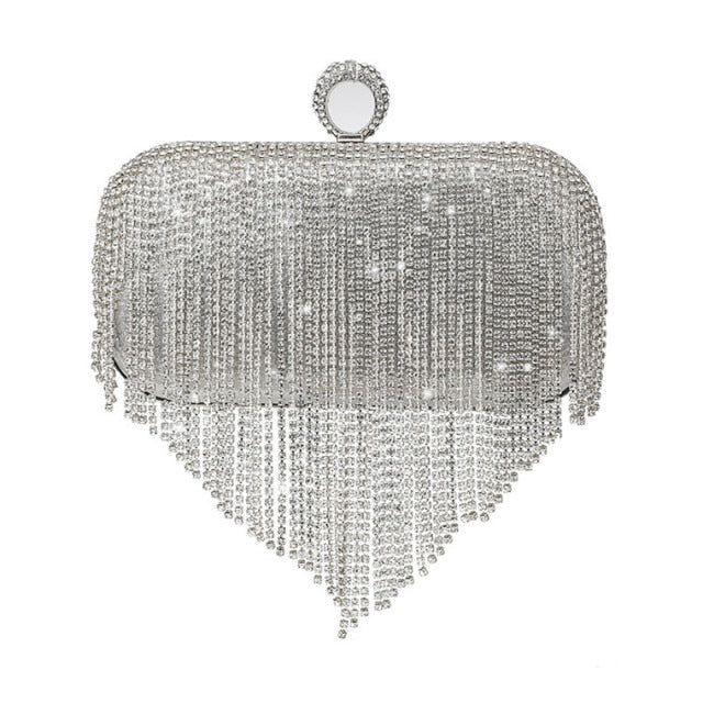 Rhinestone Evening Clutch-Purse Luxury Design with Small Silver Shoulder Chain