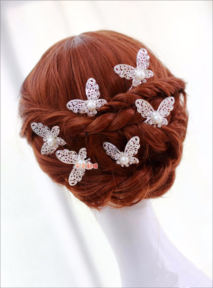 Butterfly Hair Pins - Silver with Simulated Pearl-Hair Jewelry - Accessories for Brides or Quinceañeras