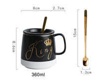 Load image into Gallery viewer, King or Queen Ceramic Coffee-Tea Mug with lid - Outlined in gold with little spoon
