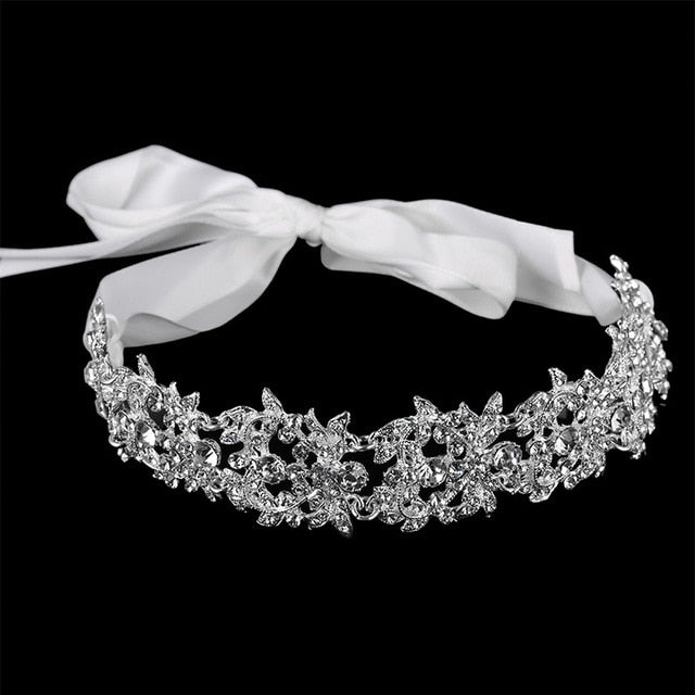 Handmade Crystal Flowers and Ribbon Bridal Headband-Tiara Crown