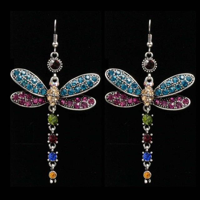 Retro Rhinestone Inlaid Dragonfly Tassel Charm Hook Earrings-Jewelry Gift