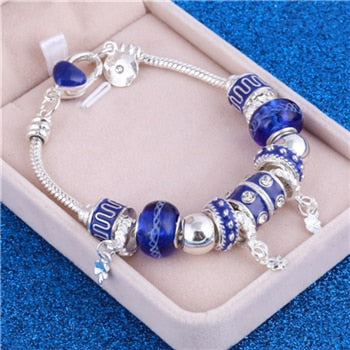 Pink Crystal Charm Silver Color Bracelets & Bangles for Women Murano Beads Silver Plated Bracelet Jewelry