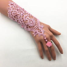 Load image into Gallery viewer, Lace Pearl Rhinestones Bridal Opera Fingerless Gloves with Ring Finger Rose Accent
