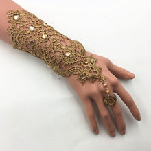 Load image into Gallery viewer, Lace Pearl Rhinestones Bridal Opera Fingerless Gloves with Ring Finger Rose Accent
