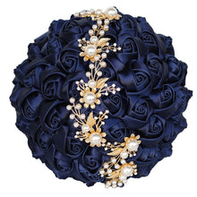 Load image into Gallery viewer, Handmade Bridal Satin Ribbon Rose Flower Bouquet-Pearl with Pearl Gold Jewelry Garland
