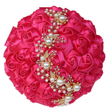 Load image into Gallery viewer, Handmade Bridal Satin Ribbon Rose Flower Bouquet-Pearl with Pearl Gold Jewelry Garland
