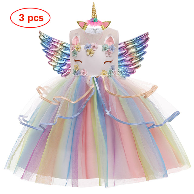 Girls Unicorn Rainbow Princess Tutu Dress Party Dress with Wings - Birthday Party- Play