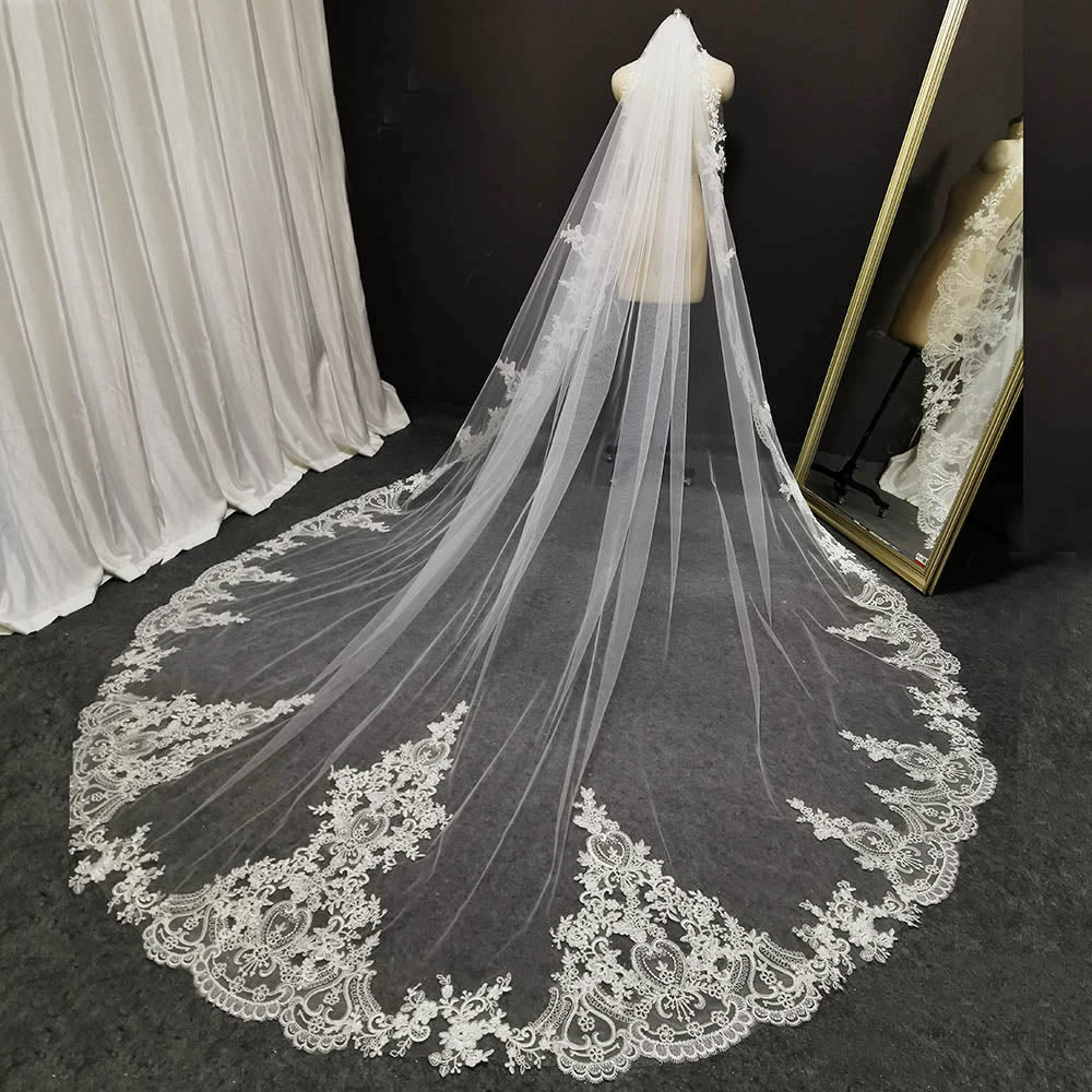 Lace Wedding Veil with Comb White-Ivory-Long-One Layer-Bridal Attire