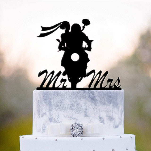 Motorcycle Couple - Mr and Mrs Biker Wedding Cake Top - Wedding Cake Topper