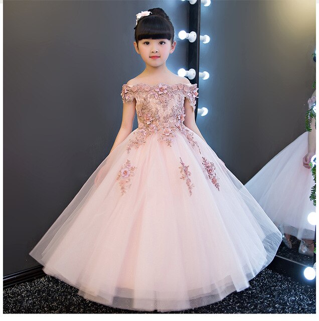 Flower Girl Bead Decoration Long Dress Wedding Party Off Shoulder Kids Princess Dresses