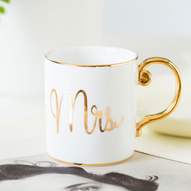 Luxury Gold His Beauty and Beast Mr and Mrs Diamond Porcelain Coffee Mug Tea Milk Ceramic Cups and Mugs Wedding Gift
