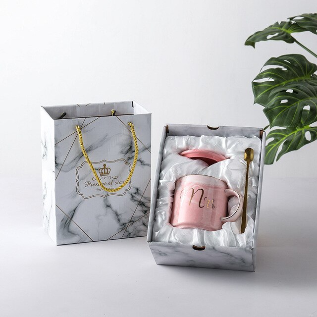 Marble porcelain cup Golden rim Mug Coffee cup Creative Wedding Gift box tazas de ceramica creativas