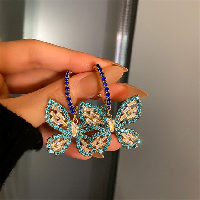 Stylish Zircon Crystal Golden Butterfly Dangle Earrings-Gold or Blue Rhinestone-Fashion Jewelry