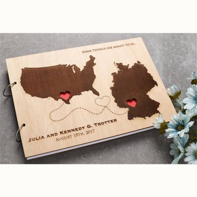 World Map Wedding Personalized Custom Guestbook - A Keepsake Wooden Book