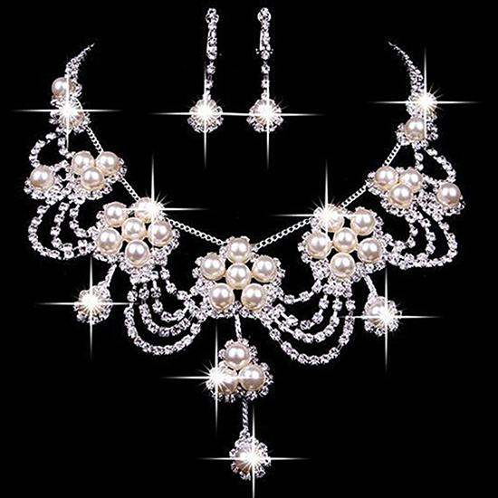 Affordable Rhinestone or Faux Pearl Necklace and Earring Wedding Bridal Fashion Jewelry Sets