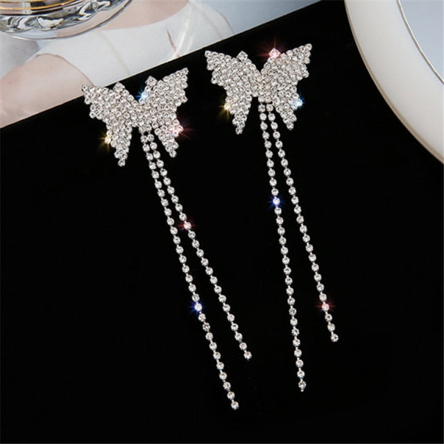 Butterfly Crystal Choker Necklace and Earrings with Long Tassel Rhinestones for Evening