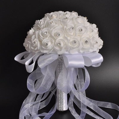 Artificial Rhinestone Wedding Bouquet Soft Foam White Roses