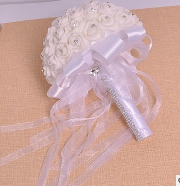 Artificial Rhinestone Wedding Bouquet Soft Foam White Roses