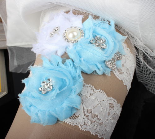 Handmade Flower White Lace Bridal Garter Set with Blue Rose Touch- Wedding keepsake