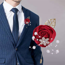 Load image into Gallery viewer, Gold Rhinestone Detail Satin Rosette-Leaf Boutonniere for Men in Bridal Party
