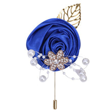 Load image into Gallery viewer, Gold Rhinestone Detail Satin Rosette-Leaf Boutonniere for Men in Bridal Party
