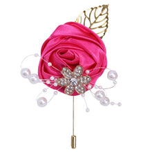 Load image into Gallery viewer, Gold Rhinestone Detail Satin Rosette-Leaf Boutonniere for Men in Bridal Party

