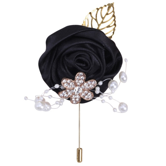 Gold Rhinestone Detail Satin Rosette-Leaf Boutonniere for Men in Bridal Party