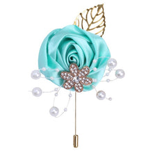 Load image into Gallery viewer, Gold Rhinestone Detail Satin Rosette-Leaf Boutonniere for Men in Bridal Party
