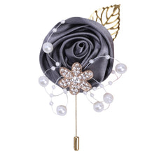 Load image into Gallery viewer, Gold Rhinestone Detail Satin Rosette-Leaf Boutonniere for Men in Bridal Party
