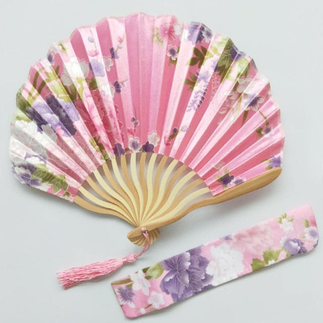 Lot of Personalized Chinese Japanese Fabric Floral Round Folding Hand Fan with Gift Bags Wedding Party Supplies