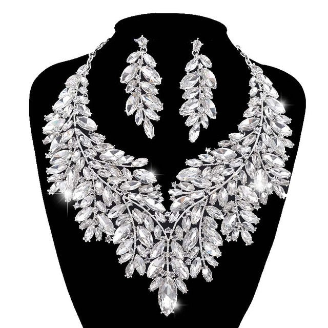Luxurious Dubai Style Wedding Jewelry Sets Rhinestone Crystal-Bridal-Evening Necklace and Earrings