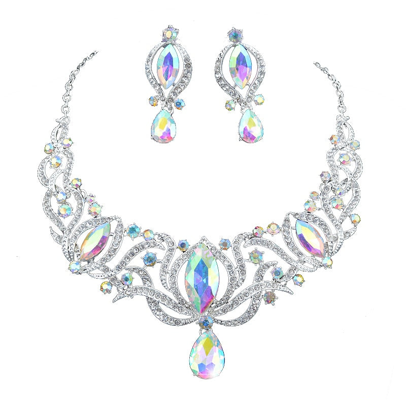 Sophisticated Silver Crystal Bridal Elegance Jewelry Set-Necklace-Earrings-Wedding Jewelry Accessories