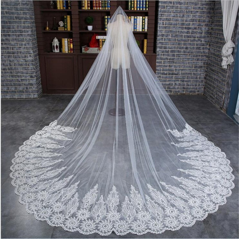 Bridal White Cathedral Veil Lace with Lace Appliques and comb-regal wedding attire