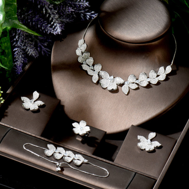 Luxurious Micro Paved White CZ Stones Flower Petals Five Piece Wedding Jewelry Set