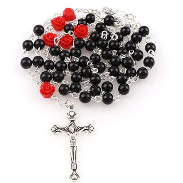 Holy Rosary Cross-Virgin Mary-Imitation Pearl with Rose Flower Accent