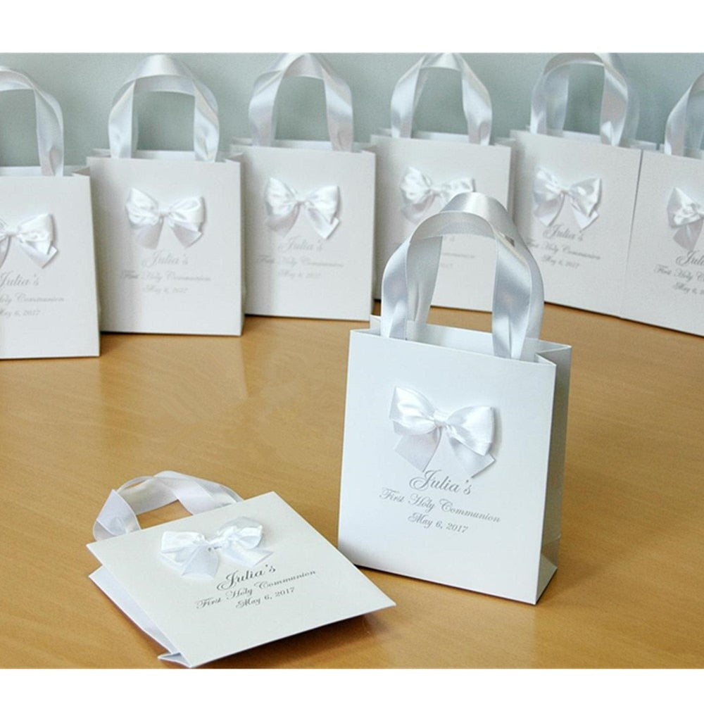 Personalized White Fancy Gift Bags with satin ribbon bow and custom name personalization
