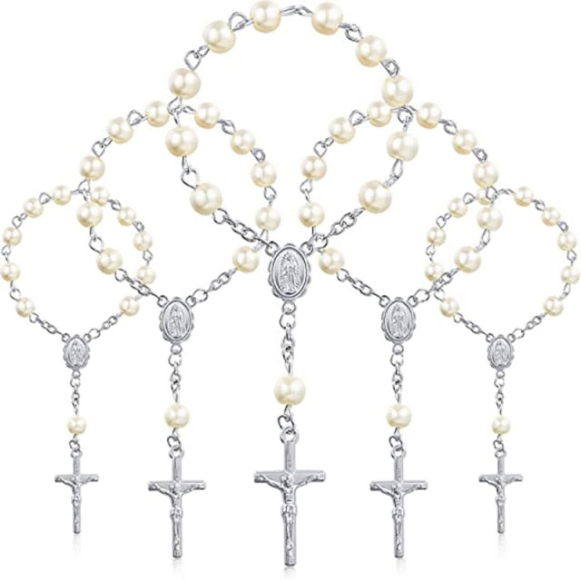 Holy Cross Mini Prayer Rosary Imitation Pearl Keepsake -Favor - Silver or Gold