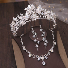 Load image into Gallery viewer, Silver Butterfly Tiara with Simulated Pearl with Rhinestone Necklace and earrings
