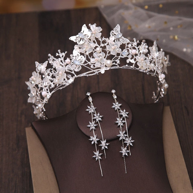 New Silver or Gold Style Crystal and Pearl Beaded Butterfly Theme Tiara - can be purchased with Necklace and Earrings.