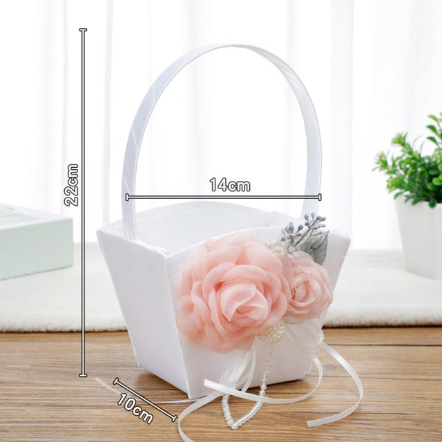 Delicate Rose Theme Wedding Ring Bearer Pillows and Flower Girl Baskets