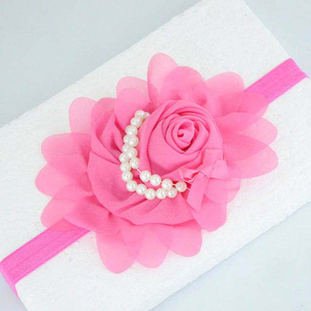 Handmade Chiffon Flower Baby Pearls Rose Floral Headband with Bow