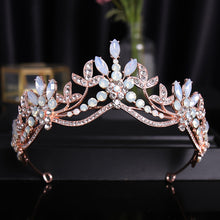 Load image into Gallery viewer, Baroque Luxury Pink Glow Crystal Beads and Leaves Bridal Tiara- Crown-Wedding Hair Accessories
