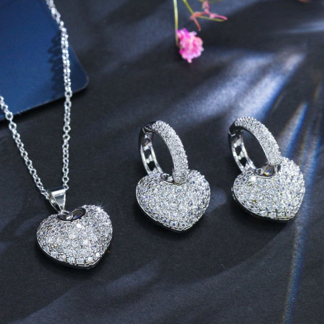 Micro Pave Heart Cubic Zirconia Rose Gold Color Earrings And Necklace Set