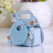 Load image into Gallery viewer, 12pcs/lot Bear Shape DIY Paper Wedding Gift Christening Baby Shower Party Favor Boxes Delicate Candy Box with Bib Tags &amp; Ribbons
