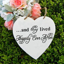 Load image into Gallery viewer, Wooden Handcrafted Heart Wedding Sign Here Comes the Bride- or They Lived Happily Ever After
