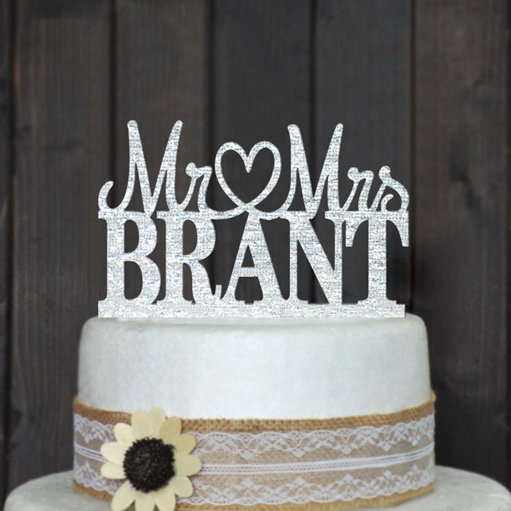 Custom Name Wedding Cake Topper-Mr and Mrs Personalized Bridal Cake Top-Acrylic Glitter