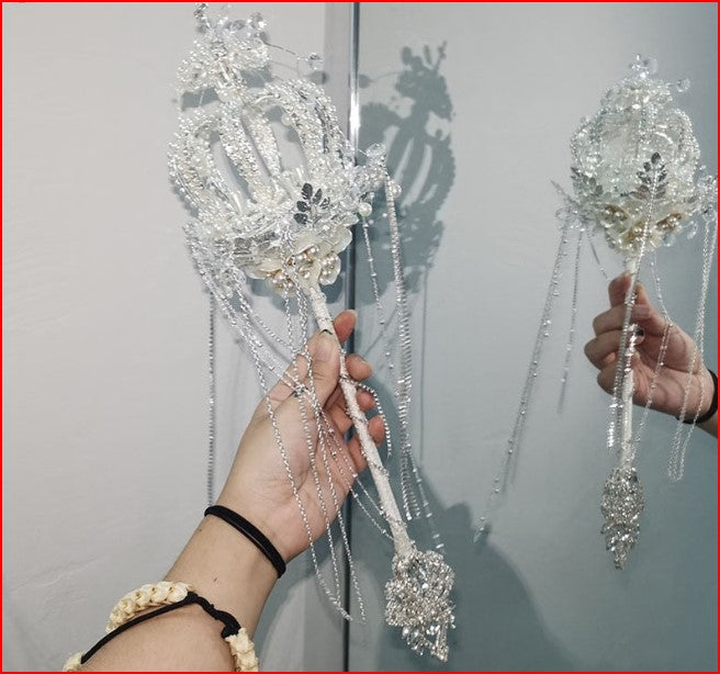 Sparkly Luxury Silver Crystal Ribbon and Pearl Scepter for Wedding