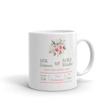 Load image into Gallery viewer, White Glossy Personalized Coffee Wedding Mug with Pink Floral Design

